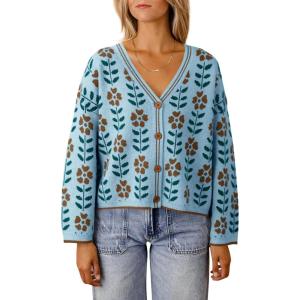 Saodimallsu Womens Floral Print V Neck Cardigan Open Front Button Down Knit Sweater Long Sleeve Loose Fashion Tops(Blue)