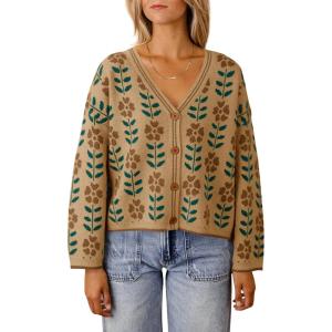 Saodimallsu Womens Floral Print V Neck Cardigan Open Front Button Down Knit Sweater Long Sleeve Loose Fashion Tops(Brown)