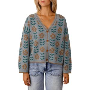 Saodimallsu Womens Floral Print V Neck Cardigan Open Front Button Down Knit Sweater Long Sleeve Loose Fashion Tops(Dark Gray)