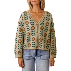 Saodimallsu Womens Floral Print V Neck Cardigan Open Front Button Down Knit Sweater Long Sleeve Loose Fashion Tops(Khaki)