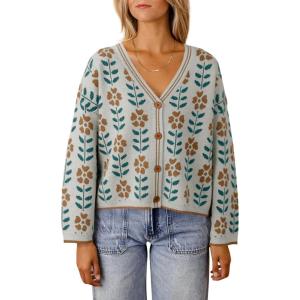 Saodimallsu Womens Floral Print V Neck Cardigan Open Front Button Down Knit Sweater Long Sleeve Loose Fashion Tops(Light Gray)