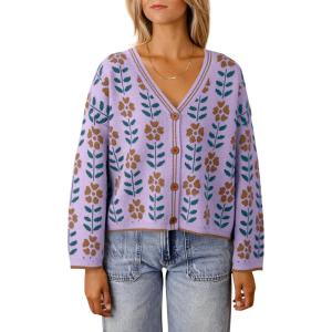 Saodimallsu Womens Floral Print V Neck Cardigan Open Front Button Down Knit Sweater Long Sleeve Loose Fashion Tops(Light Purple)