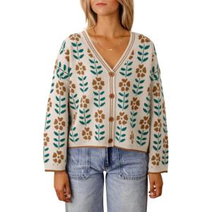 Saodimallsu Womens Floral Print V Neck Cardigan Open Front Button Down Knit Sweater Long Sleeve Loose Fashion Tops(Off-white)