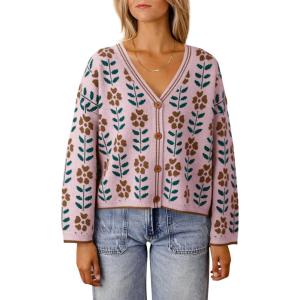 Saodimallsu Womens Floral Print V Neck Cardigan Open Front Button Down Knit Sweater Long Sleeve Loose Fashion Tops(Pink)