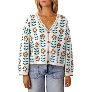 Saodimallsu Womens Floral Print V Neck Cardigan Open Front Button Down Knit Sweater Long Sleeve Loose Fashion Tops(White)