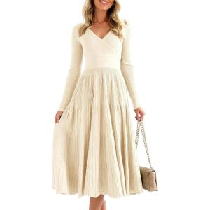 Saodimallsu Womens Long Sleeve Midi Sweater Dress Wrap V Neck Pleated A Line Fit Flare Elegant Knit Maxi Dress(Beige)