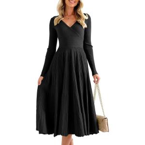 Saodimallsu Womens Long Sleeve Midi Sweater Dress Wrap V Neck Pleated A Line Fit Flare Elegant Knit Maxi Dress(Black)