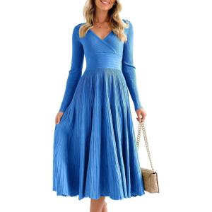 Saodimallsu Womens Long Sleeve Midi Sweater Dress Wrap V Neck Pleated A Line Fit Flare Elegant Knit Maxi Dress(Blue)