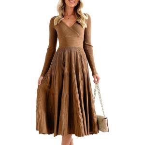 Saodimallsu Womens Long Sleeve Midi Sweater Dress Wrap V Neck Pleated A Line Fit Flare Elegant Knit Maxi Dress(Brown)