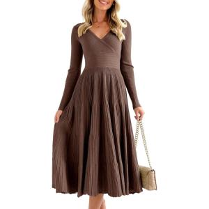 Saodimallsu Womens Long Sleeve Midi Sweater Dress Wrap V Neck Pleated A Line Fit Flare Elegant Knit Maxi Dress(Coffee)
