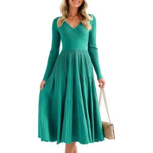 Saodimallsu Womens Long Sleeve Midi Sweater Dress Wrap V Neck Pleated A Line Fit Flare Elegant Knit Maxi Dress(Green)