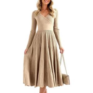 Saodimallsu Womens Long Sleeve Midi Sweater Dress Wrap V Neck Pleated A Line Fit Flare Elegant Knit Maxi Dress(Khaki)