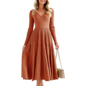 Saodimallsu Womens Long Sleeve Midi Sweater Dress Wrap V Neck Pleated A Line Fit Flare Elegant Knit Maxi Dress(Orange)