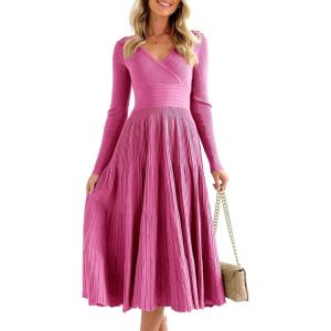 Saodimallsu Womens Long Sleeve Midi Sweater Dress Wrap V Neck Pleated A Line Fit Flare Elegant Knit Maxi Dress(Rose Red)