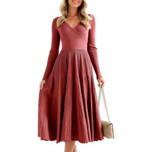 Saodimallsu Womens Long Sleeve Midi Sweater Dress Wrap V Neck Pleated A Line Fit Flare Elegant Knit Maxi Dress(Wine Red)