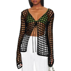 Saodimallsu Womens Long Sleeve Swimsuit Coverup Crochet Hollow Out Tie Front Swim Cover Up Knit Cardigan(Black)