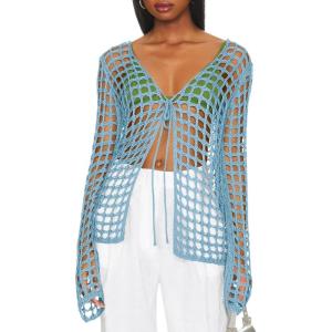 Saodimallsu Womens Long Sleeve Swimsuit Coverup Crochet Hollow Out Tie Front Swim Cover Up Knit Cardigan(Blue)