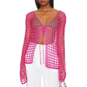 Saodimallsu Womens Long Sleeve Swimsuit Coverup Crochet Hollow Out Tie Front Swim Cover Up Knit Cardigan(Bright Pink)