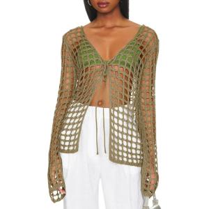 Saodimallsu Womens Long Sleeve Swimsuit Coverup Crochet Hollow Out Tie Front Swim Cover Up Knit Cardigan(Coffee)