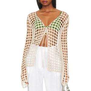 Saodimallsu Womens Long Sleeve Swimsuit Coverup Crochet Hollow Out Tie Front Swim Cover Up Knit Cardigan(Creamy-white)