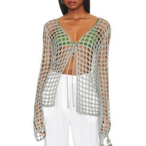 Saodimallsu Womens Long Sleeve Swimsuit Coverup Crochet Hollow Out Tie Front Swim Cover Up Knit Cardigan(Gray)