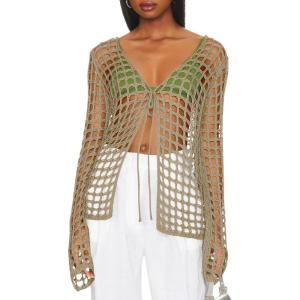 Saodimallsu Womens Long Sleeve Swimsuit Coverup Crochet Hollow Out Tie Front Swim Cover Up Knit Cardigan(Khaki)