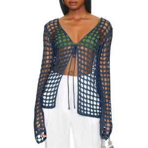 Saodimallsu Womens Long Sleeve Swimsuit Coverup Crochet Hollow Out Tie Front Swim Cover Up Knit Cardigan(Navy)
