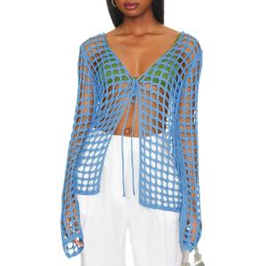 Saodimallsu Womens Long Sleeve Swimsuit Coverup Crochet Hollow Out Tie Front Swim Cover Up Knit Cardigan(Royal Blue)