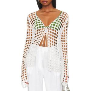 Saodimallsu Womens Long Sleeve Swimsuit Coverup Crochet Hollow Out Tie Front Swim Cover Up Knit Cardigan(White)