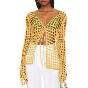 Saodimallsu Womens Long Sleeve Swimsuit Coverup Crochet Hollow Out Tie Front Swim Cover Up Knit Cardigan(Yellow)