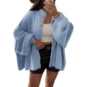Saodimallsu Womens Oversized Cardigans Long Lantern Sleeve Button Down Chunky Knit Loose Fall Sweater Coats(Blue)