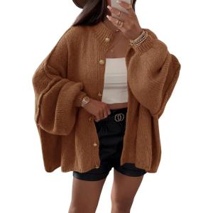 Saodimallsu Womens Oversized Cardigans Long Lantern Sleeve Button Down Chunky Knit Loose Fall Sweater Coats(Brown)