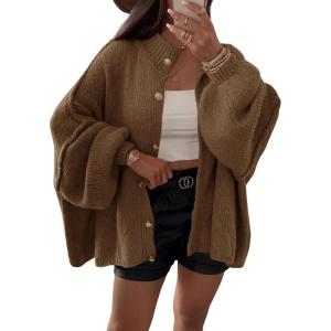 Saodimallsu Womens Oversized Cardigans Long Lantern Sleeve Button Down Chunky Knit Loose Fall Sweater Coats(Coffee)