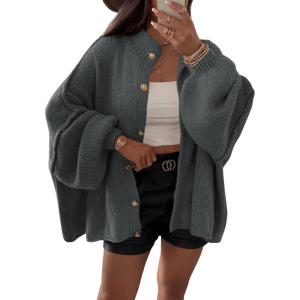 Saodimallsu Womens Oversized Cardigans Long Lantern Sleeve Button Down Chunky Knit Loose Fall Sweater Coats(Dark Gray)