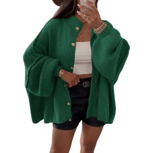 Saodimallsu Womens Oversized Cardigans Long Lantern Sleeve Button Down Chunky Knit Loose Fall Sweater Coats(Green)