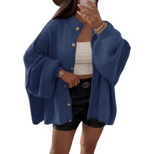 Saodimallsu Womens Oversized Cardigans Long Lantern Sleeve Button Down Chunky Knit Loose Fall Sweater Coats(Navy)