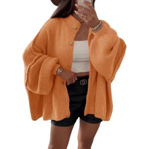 Saodimallsu Womens Oversized Cardigans Long Lantern Sleeve Button Down Chunky Knit Loose Fall Sweater Coats(Orange)