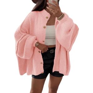 Saodimallsu Womens Oversized Cardigans Long Lantern Sleeve Button Down Chunky Knit Loose Fall Sweater Coats(Pink)