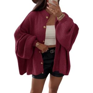 Saodimallsu Womens Oversized Cardigans Long Lantern Sleeve Button Down Chunky Knit Loose Fall Sweater Coats(Wine Red)
