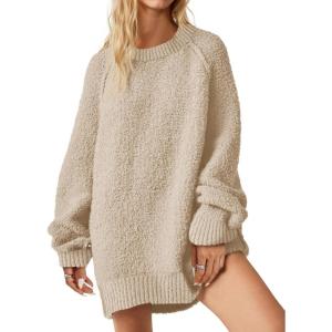 Saodimallsu Womens Oversized Sweater 2025 Fall Trendy Fuzzy Crew Neck Long Sleeve Casual Tunic Sweaters(Apricot)