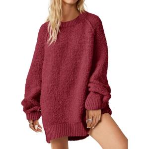 Saodimallsu Womens Oversized Sweater 2025 Fall Trendy Fuzzy Crew Neck Long Sleeve Casual Tunic Sweaters(Burgundy)