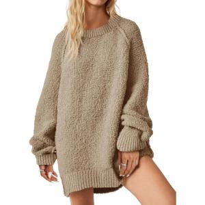 Saodimallsu Womens Oversized Sweater 2025 Fall Trendy Fuzzy Crew Neck Long Sleeve Casual Tunic Sweaters(Khaki)