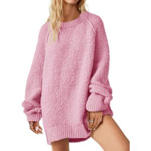 Saodimallsu Womens Oversized Sweater 2025 Fall Trendy Fuzzy Crew Neck Long Sleeve Casual Tunic Sweaters(Pink)
