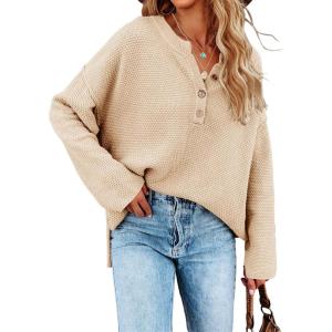 Saodimallsu Women’s Oversized Sweaters Batwing Long Sleeve Loose V Neck Button Henley Tops Pullover Knit Jumper(Apricot)