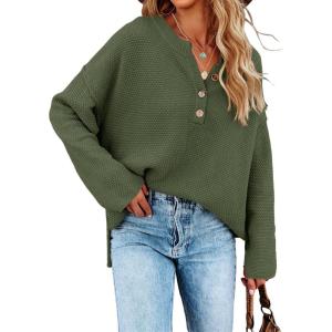 Saodimallsu Women’s Oversized Sweaters Batwing Long Sleeve Loose V Neck Button Henley Tops Pullover Knit Jumper(Army Green)