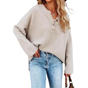 Saodimallsu Women’s Oversized Sweaters Batwing Long Sleeve Loose V Neck Button Henley Tops Pullover Knit Jumper(As Show)