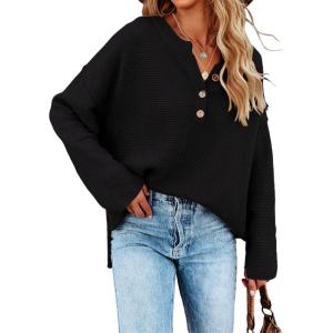 Saodimallsu Women’s Oversized Sweaters Batwing Long Sleeve Loose V Neck Button Henley Tops Pullover Knit Jumper(Black)