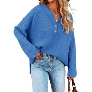Saodimallsu Women’s Oversized Sweaters Batwing Long Sleeve Loose V Neck Button Henley Tops Pullover Knit Jumper(Blue)