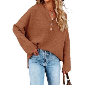 Saodimallsu Women’s Oversized Sweaters Batwing Long Sleeve Loose V Neck Button Henley Tops Pullover Knit Jumper(Brown)