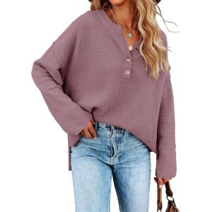 Saodimallsu Women’s Oversized Sweaters Batwing Long Sleeve Loose V Neck Button Henley Tops Pullover Knit Jumper(Dark Purple)